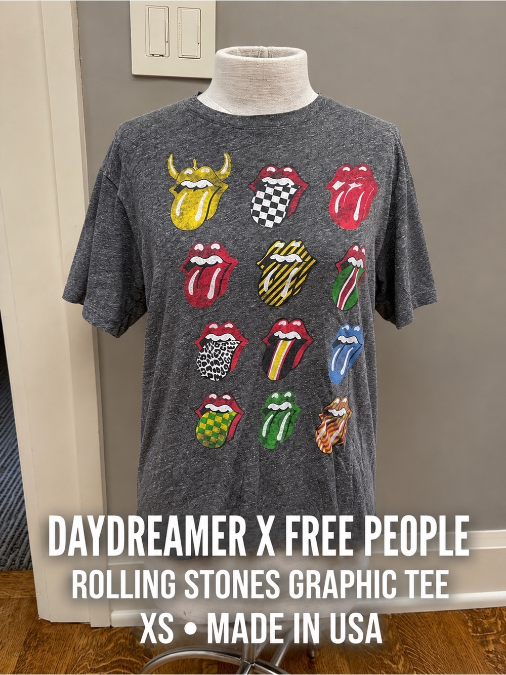Daydreamer x Free People Rolling Stones Tongue Graphic Tee Gray Made USA XS